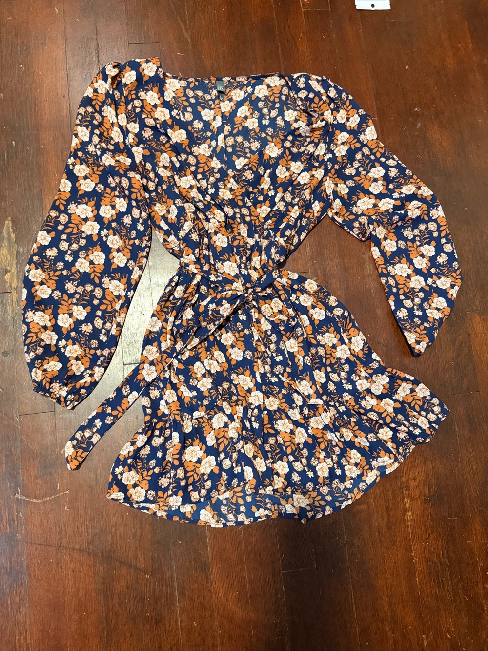 Navy Floral Long-Sleeve Mini Wrap Dress Size L